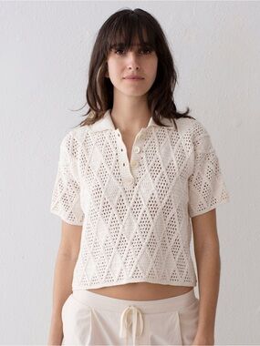 PROCHE Argyle Crochet Polo Top Knit Short Sleeve Buttons Cream